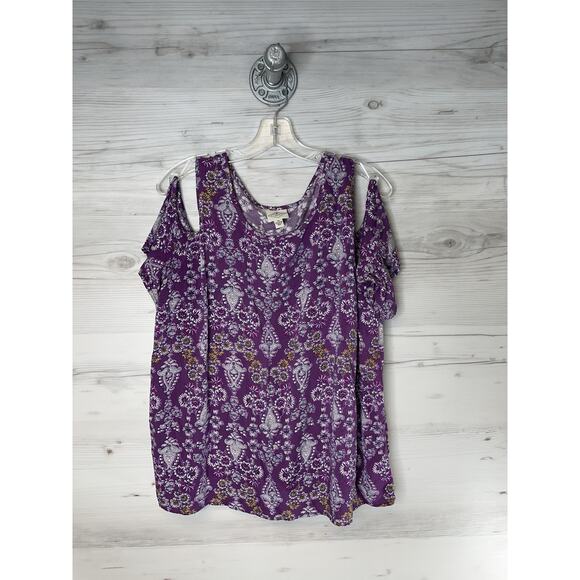 St. John's Bay Shirt Womens XL Purple Floral Paisley Cold Shoulder Boho Top - Picture 1 of 7